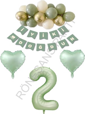 Rönesans Parti Rönesans Yeşil Renk Rakam Kalp Banner Latex Balon Doğum Günü Seti Yaş-2