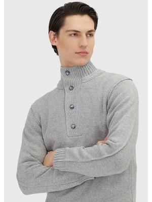 Ramsey Açık Gri Yarım Balıkçı Yaka Düz Örgü Kaşmir Karışımlı Triko Kazak