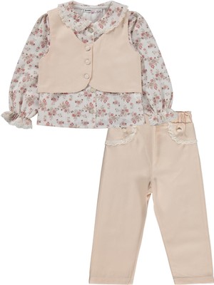 Lüks Kumru Tekstil Civil Girls Yelek Pantolon Çiçekli Gömlek 3 Lü 2-5 Yaş Takım - Bej 2-3 Yaş