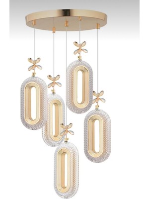 Normadia Şık 5'li Gold Kaplama Sarkıt Kumadalı LED Salon Avize, 3 Renkli Işık Seçeneği