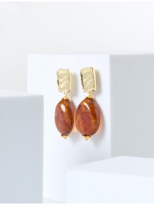 Jimmy Key Kahverengi Oval Figürlü Parlak Sallanan Küpe