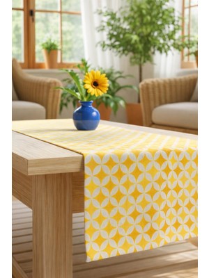 Rona Home Hardal Sarı Geometrik Desenli Lüks Runner - Premium Kalite Leke Tutmaz Masa Örtüsü