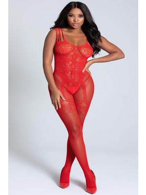 Arfi Love Kırmızı Jartiyer Desenli Özel Bölgesi Açık Vücut Çorabı