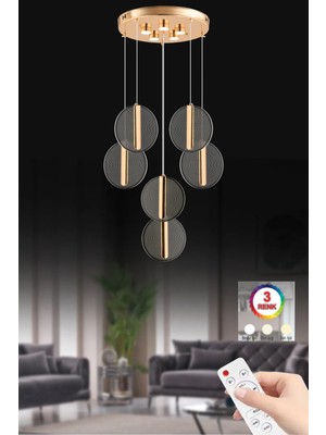 Normadia Modern 6'lı Gold Sarkıt Avize, Kumandalı, Üç Renk Led, Şık ve Parlak