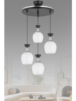 Normadia Şık Siyah Fanus Sarkıt Tepsi 4'lü, Beyaz Cam ve Krom Şeritli Modern Avize