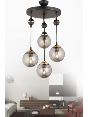 Normadia Şık Siyah Füme Camlı 4'lü Sarkıt Lüks Avize Paket