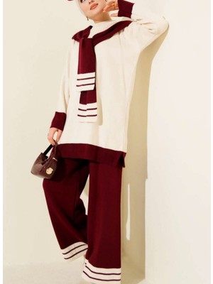 Lara Giyim Tesettür 2 Li Takım Kendinden Atkılı Şerit Detaylı Triko Takım