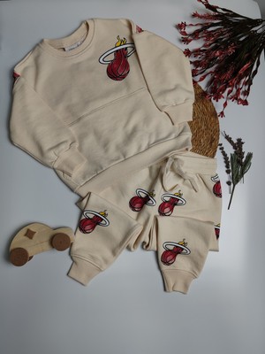 Moda Rüyası Basketbol Temalı Bej Sweatshirt Eşofman Erkek Çocuk Alt Üst Takım