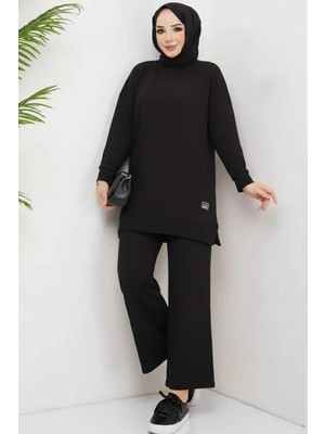 Tesettür Diyarı Bol Kesim Tuniği Bisiklet Yaka Alt Üst Tesettür Takım- Siyah
