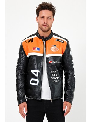 Erkek Oversize Puf Deri Yarışçı Ceket Kolej Mont Baskılı Fermuarlı Bomber Mont