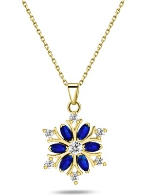 Pırlanta Model Kar Tanesi Safir Taşlı Gümüş Kolye Altın Kaplama