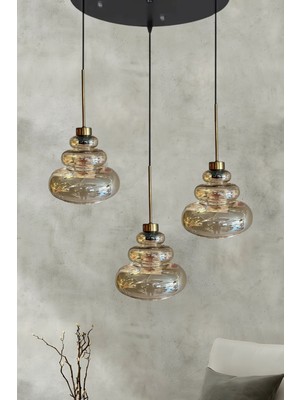 Normadia Lily Üçlü Cam Bal Rengi Metal Çubuk Eskitme Sarkıt Avize