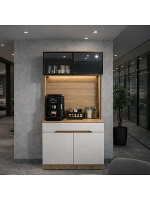Eymense Modi Kahve Köşesi Mutfak Dolabı Camlı Çok Amaçlı Dolap Ledli Raflı 1 Modüllü