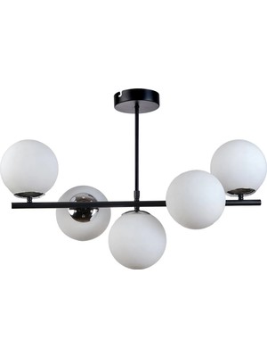 Normadia Modern Siyah ve Beyaz Camlı 5'li Salon ve Mutfak Avizesi