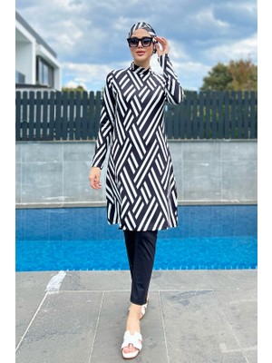 Remsa Mayo Zehra Remsa Likralı Tam Kapalı Tesettür Mayo Siyah - Beyaz Desenli 4 Parça Kadın Ürün