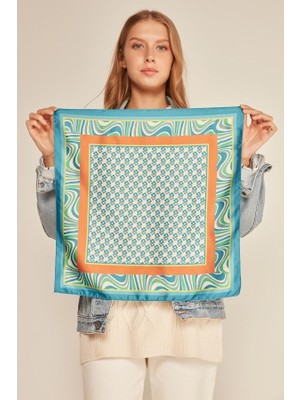 Marsel Su Yeşili - Kiremit Geometrik Desenli Saten Bandana Fular