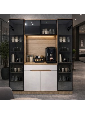 Eymense Modi Kahve Köşesi Mutfak Dolabı Camlı Çok Amaçlı Dolap Ledli Raflı 3 Modüllü