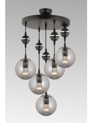 Normadia Modern Siyah Füme Camlı 5'li Krom Sarkıt Tepsi Avize Seti