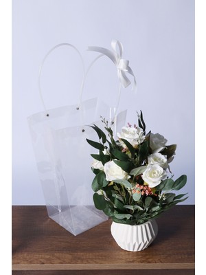 Yapay Çiçek Sitesi Saksılı Çiçek Aranjmanı (Şeffaf Çanta Hediyeli) Model 13