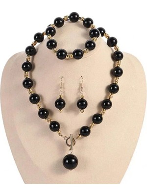 Shiklik Siyah Inci Görünümlü 3'lü Takı Seti - Kolye, Bileklik ve Küpe Kombini