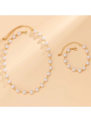 Shiklik Zarif 2'li Beyaz Inci Takı Seti Kolye, Bileklik