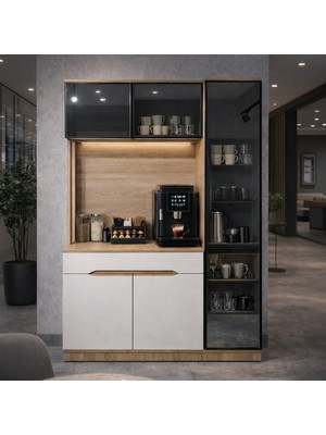 Eymense Modi Kahve Köşesi Mutfak Dolabı Camlı Çok Amaçlı Dolap Ledli Raflı 2 Modüllü