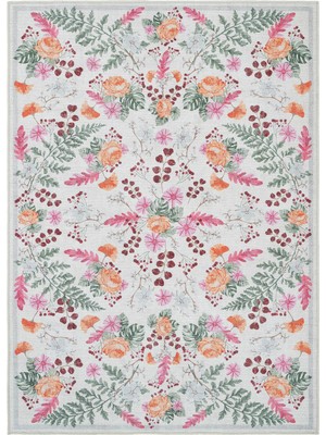 Cool Halı Florence Krem Turuncu Renkli Çiçekli Eskitme Bohem Yıkanan Ince Şönil Dokuma Salon Halısı