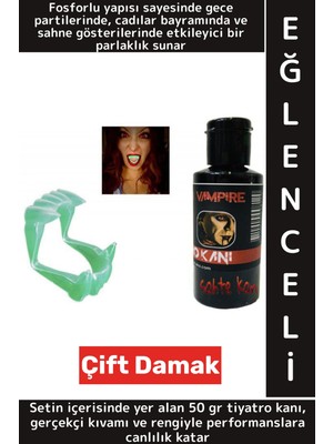 Wintoup Parti Halloween Tiyatro Fosforlu Çift Damak Gerçekçi Korkutucu Takma Vampir Dişi 50 gr Oyun Kanı Set