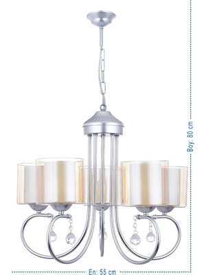 Normadia Şık ve Modern 5'li Lüx Çift Camlı Gümüş Avize Seti