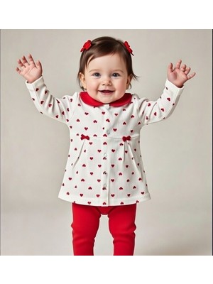 Mini Okyanus Kırmızı Kalpli Pamuklu Kız Bebek Takımı – Uzun Kollu Üst & Alt 2’li Set