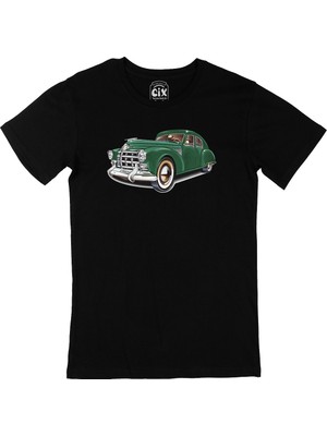 Cix Erkek Klasik Fit Siyah Tişört %100 Pamuk Bisiklet Yaka Araba Desenli 4XL