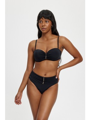 Louren Kadın Straplez Boncuk Detaylı Bikini Takımı – Yüksek Bel Alt, Çıkarılabilir Askılı, Siyah & Mavi