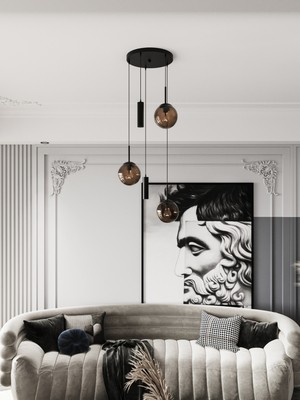 Normadia Modern Siyah Metal Sarkıt Avize, 3 Bal Cam Küre ve LED Spotlar ile Şık Aydınlatma