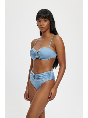 Louren Kadın Straplez Boncuk Detaylı Bikini Takımı – Yüksek Bel Alt, Çıkarılabilir Askılı, Siyah & Mavi