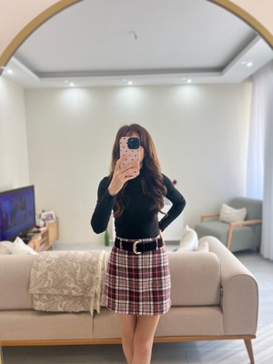 Butik Kadın Bordo Ekose Desenli Kemer Detaylı Yüksek Bel Kumaş Mini Etek