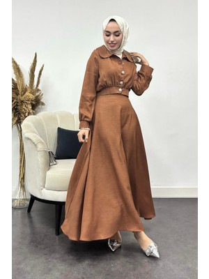 Tesettür Diyarı Nadide Sofya Keten Etekli Takım-Kahverengi