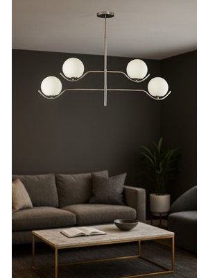 Normadia Modern 4'lü Beyaz Camlı Salon Oturma Odası Avizesi, Krom Kaplama