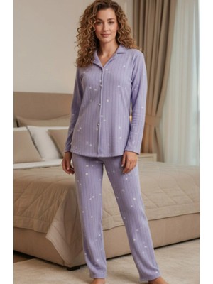 Arcan Kadın Beyaz Yıldız Desenli Gömlek Yaka Boydan Düğmeli Fitilli Polar 2'li Takım