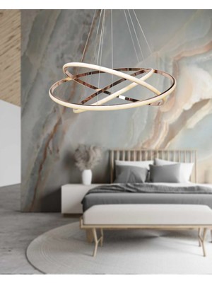 Normadia Modern Fransız Sarısı Kaplama LED Avize, Beyaz Işık, 3 Lü TT300-3 Fsr