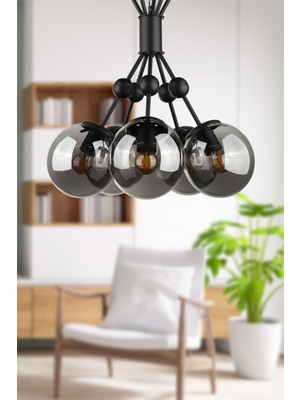 Normadia Şık Siyah Füme Camlı 5'li Avize Seti, Modern ve Zarif Tasarım