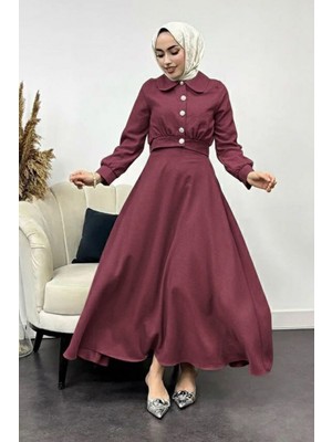 Tesettür Diyarı Nadide Sofya Keten Etekli Takım-Bordo