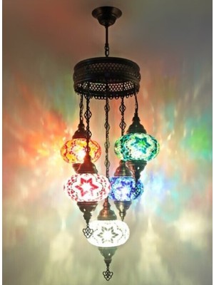 Normadia Renkli Camlı 5'li Mozaik Sarkıt Avize, El Yapımı Osmanlı Tarzı