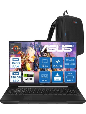 Asus Tuf Gaming A16 (FA607NUQ-GAMING) Amd Ryzen™ 7 170 16GB Ddr5 256GB SSD RTX4050/6GB 140W 16″/fhd+ 16:10 (1920 x 1200, Wuxga) 300 Nits, 144Hz, Freedos Taşınabilir Bilgisayar RL028F01+ZETTAÇANTA