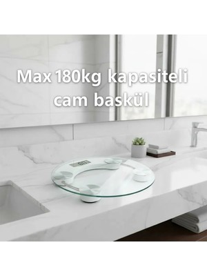 Eco Lounge Yuvarlak Şeffaf Dijital Cam Baskül Tartı – 180 kg Taşıma Kapasitesi, Hassas Ölçüm, Şık Tasarım Terazi