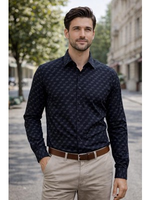 COLVİ'S MAN Erkek Siyah Klasik Regular Fit Likralı Baskılı Uzun Kol Gömlek Hediye Kutulu