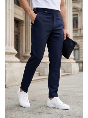 Oksit Gurkha Stil Yan Ayarlı Metal Tokalı Slim Fit Erkek Kumaş Pantolon Özel Kesim Kruvaze Bel