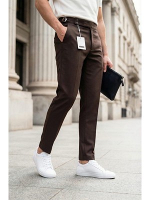 Oksit Gurkha Stil Yan Ayarlı Metal Tokalı Slim Fit Erkek Kumaş Pantolon Özel Kesim Kruvaze Bel