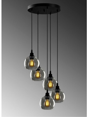 Normadia Modern Siyah Füme Camlı 5’li Sarkıt Avize, Salon, Mutfak ve Yatak Odası Için