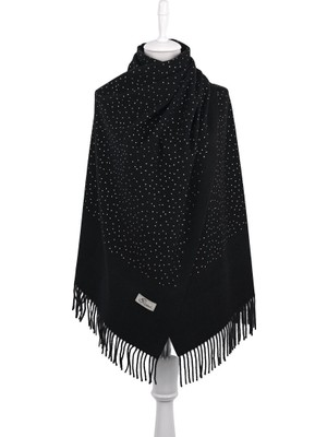 Bursa İpek Siyah Düz Renk Taşlı Kışlık Şal