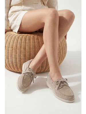 Marjin Kadın Hakiki Deri Bağcıklı Ip Detaylı Loafer Günlük Ayakkabı Mistor Bej Süet